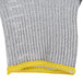 A pair of gray and yellow knit gloves with a yellow trim.