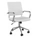 A Martha Stewart white faux leather office chair with chrome wheels.