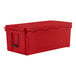 A red cooler with a black handle.