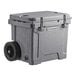 A gray CaterGator outdoor cooler with wheels.