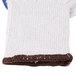 A white and blue knitted work glove with blue latex coating on the palm and brown trim.