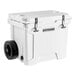 A white CaterGator outdoor cooler with black wheels.