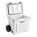 A white CaterGator outdoor cooler with black wheels.