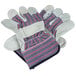 A pair of Cordova work gloves with red and blue stripes and leather palms on a white background.