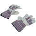 A pair of Cordova warehouse gloves with red and blue stripes and leather palms on a white background.
