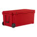 A red CaterGator outdoor cooler with wheels.