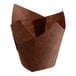 A Baker's Mark chocolate brown paper mini tulip baking cup with a lid.