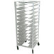 An Advance Tabco metal sheet pan rack with wheels.