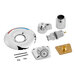 A close-up of metal Delta shower trim and valve parts.