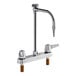 A Delta chrome laboratory faucet with two lever handles and a gooseneck spout.