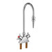 A silver Delta laboratory faucet with dual arm handles and a gooseneck spout.