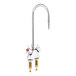 A silver Delta laboratory faucet with dual red arm handles.