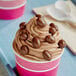A cup of ice cream with chocolate covered peanuts.