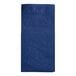A navy blue Hoffmaster Quickset square dinner napkin folded into a pocket.