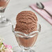 A glass bowl with a scoop of I. Rice Double Dark Chocolate ice cream.