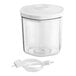 A clear plastic Galaxy vacuum canister with a white lid.