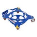 A blue Vestil steel multi-pail dolly with wheels and a blue strap.