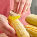 A person using a Fox Run Desilker Corn Brush to clean a corn cob.