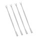 A row of Nantucket Seafood stainless steel seafood forks with white handles.