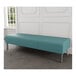 A Lesro Luxe Lounge Series blue vinyl bench with steel legs.