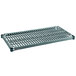 A grey metal Metro Super Erecta wire shelf with a grey plastic mat with holes.
