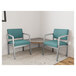 Two blue Lesro Lenox Steel guest chairs with a Sarum Twill laminate table between them.