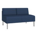 A Lesro Luxe blue vinyl loveseat with steel legs.