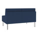 A Lesro Luxe Lounge blue vinyl loveseat with metal legs.