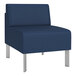 A Lesro Luxe Lounge Patriot Plus guest chair with blue vinyl upholstery and steel legs.