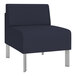 A Lesro Luxe Lounge navy fabric guest chair with steel legs.