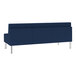 A Lesro blue vinyl sofa with metal legs.