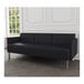 A Lesro Luxe Lounge Series black vinyl sofa with steel legs in a lounge area.