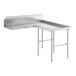 A Regency stainless steel L-shape dishtable with a long shelf.