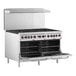 A large stainless steel Cooking Performance Group range with two convection ovens and a door open.