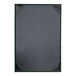 A black rectangular menu cover with green album style corners.