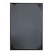 A black rectangular menu cover with black album style corners.