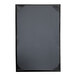 A black rectangular menu cover with album style corners.