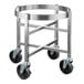 A stainless steel stock pot dolly with black wheels.