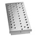 A stainless steel metal plate with holes.