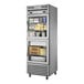 A True combination refrigerator and freezer with glass half doors.