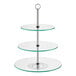 A three tiered glass display stand with metal base.