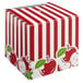 A red and white striped Baker's Lane candy apple box with apples on it.