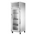 A True silver glass door reach-in refrigerator.