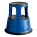 A blue steel rolling step stool with black rubber steps.