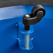 A blue steel rolling step stool with a wheel.