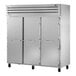 A large silver True Spec Series reach-in refrigerator on wheels.