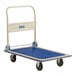 A steel folding platform truck with a blue deck and four wheels, designed for transporting heavy items.
