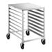 A silver metal Regency sheet pan rack on wheels with stainless steel top.