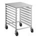 A Regency stainless steel sheet pan rack with silver metal and black wheels.