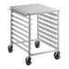 A silver Regency sheet pan rack with stainless steel shelves and black wheels.